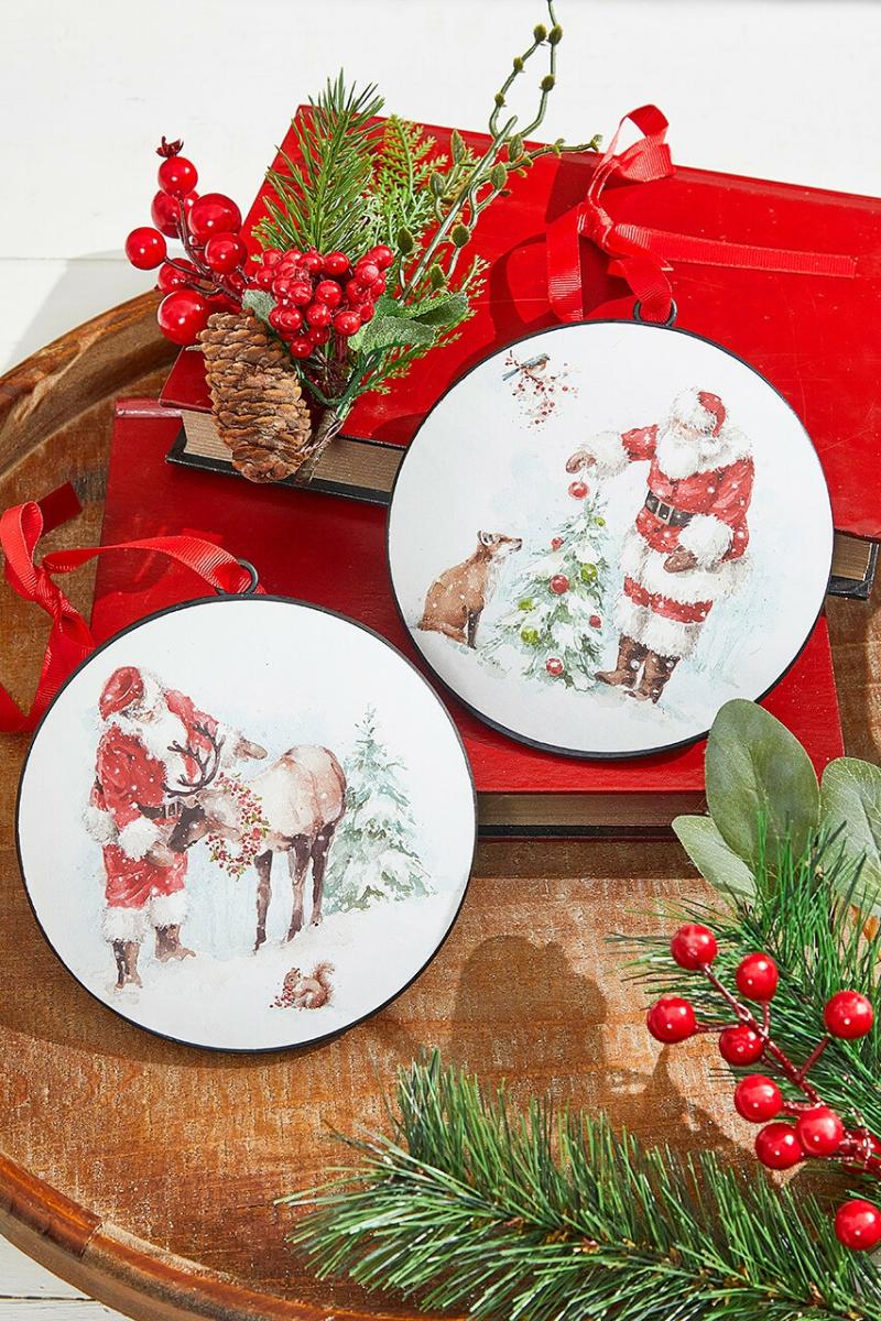 Ornaments | 5.75" Santa And Animal Disc Ornament Ornaments Ornaments