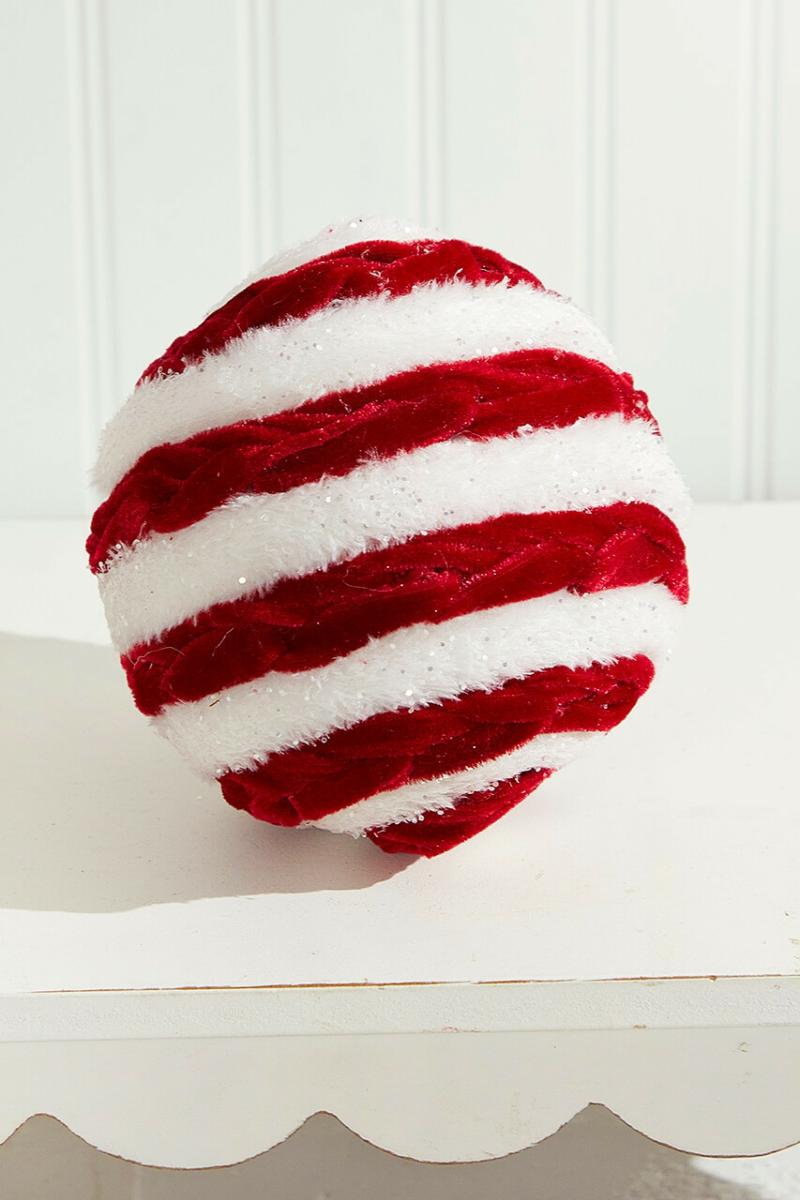 Ornaments | 5" Velvet Fur Candy Striped Ball Ornament Ornaments Ornaments