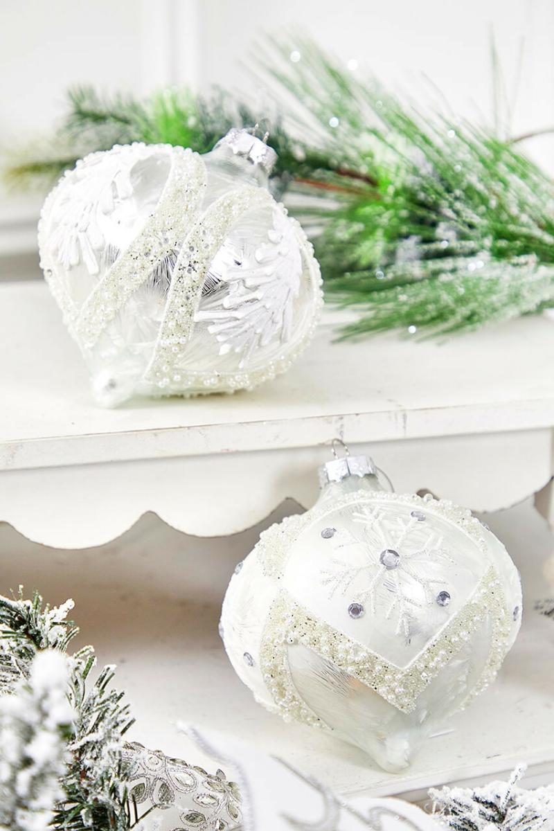 Ornaments | 5" White Glass Ornament With Snowflake/Tree Ornaments Ornaments