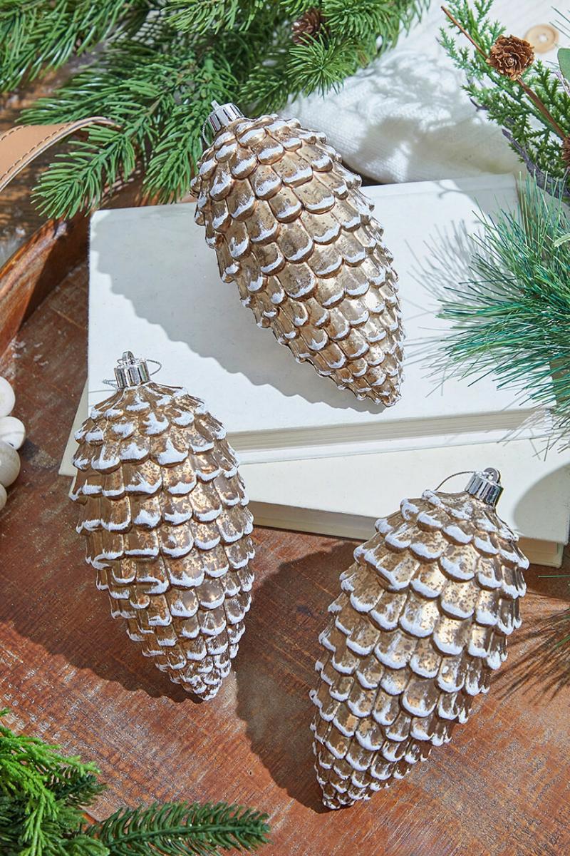 Ornaments | 6.5" Brown/White Snowed Pine Cone Ornament Box – Set Of 3 Ornaments Ornaments