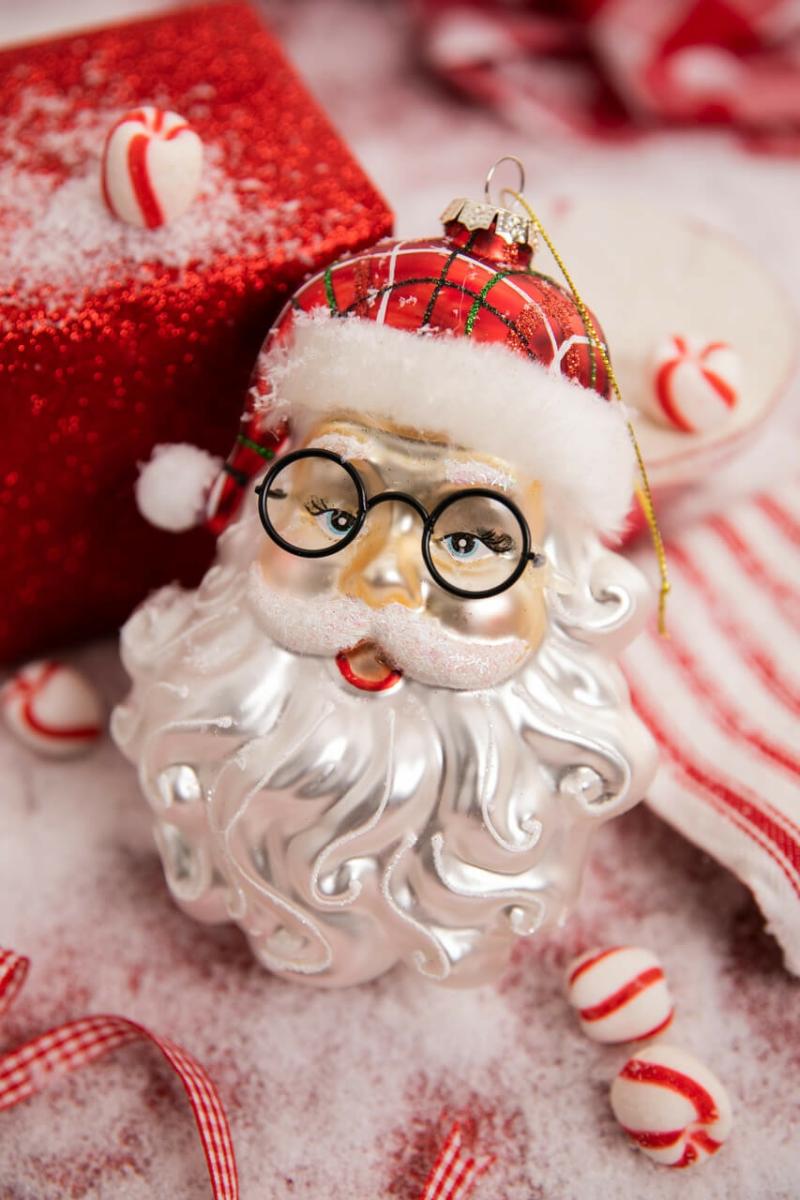 Ornaments | 6.5" Retro Glass Santa Face With Glasses Ornament Ornaments Ornaments