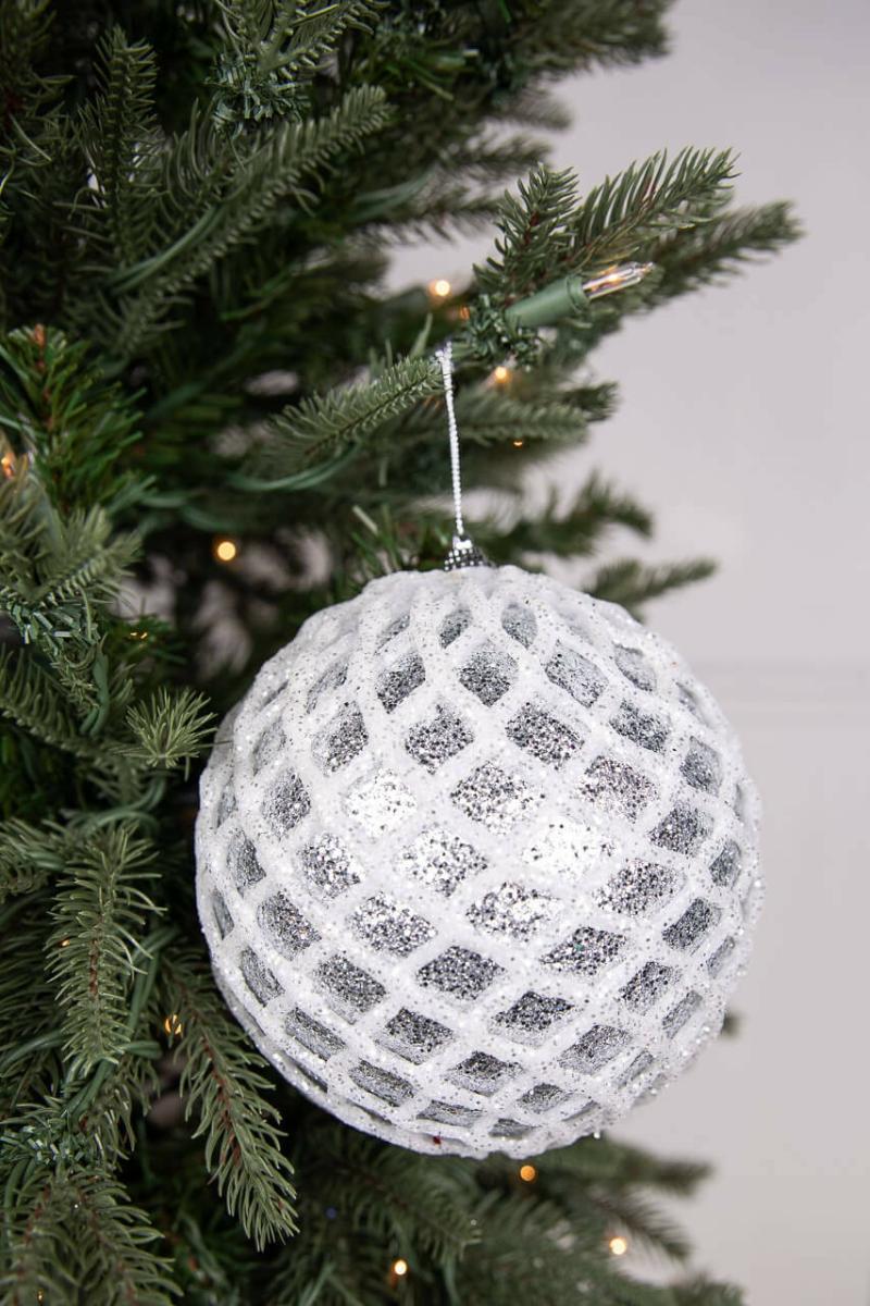 Ornaments | 6" Glittered 2 Tone Silver/White Net Ball Christmas Ornament Ornaments Ornaments