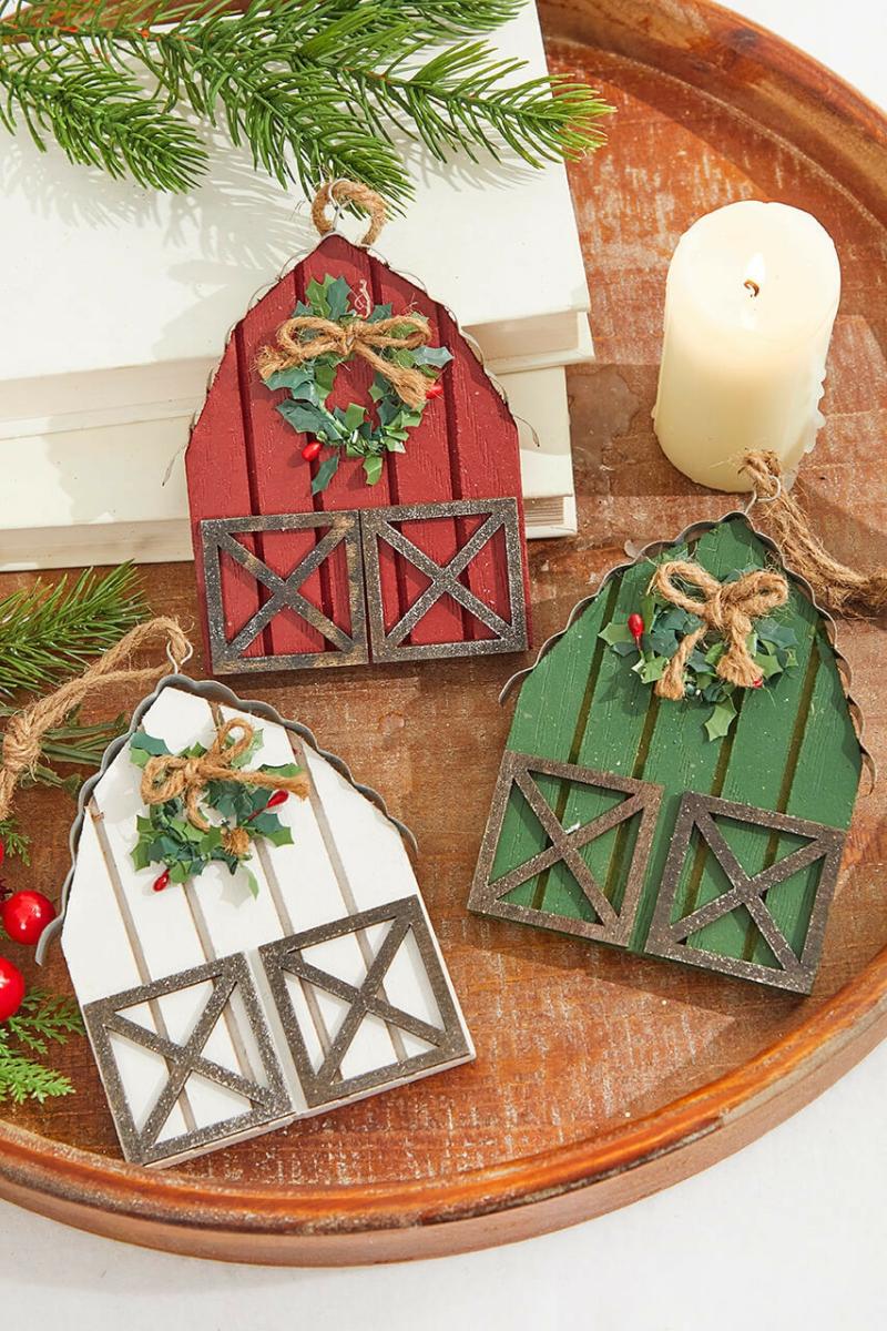 Ornaments | 6" Wood & Metal Holiday Barn Ornaments Ornaments Ornaments