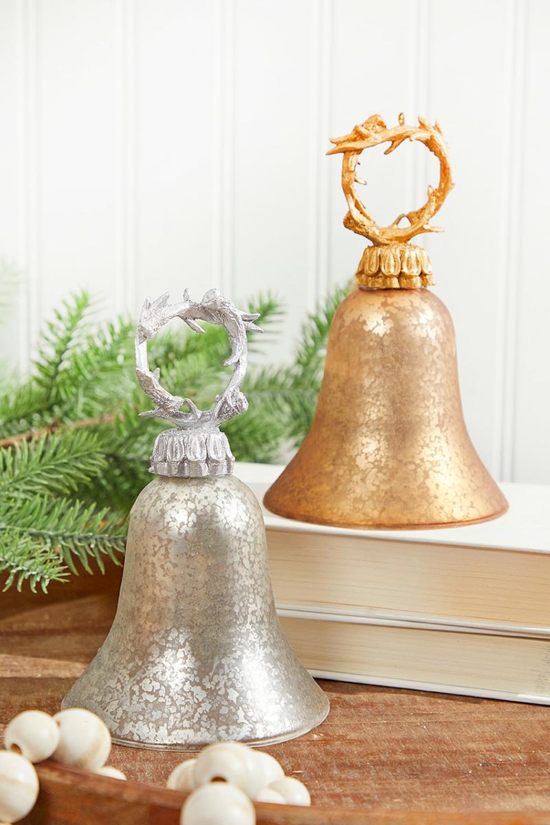 Ornaments | 7" Gold/Silver Antler Bell Glass Ornament Ornaments Ornaments