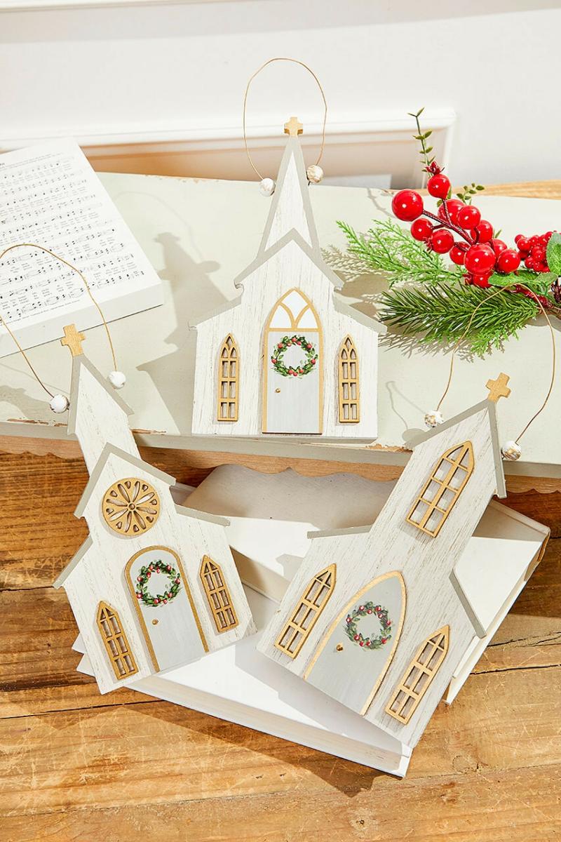 Ornaments | 8.5" White Wood Church Ornament Ornaments Ornaments