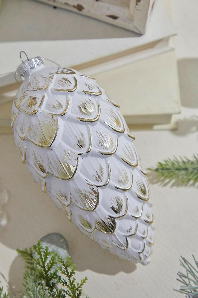 Ornaments | 8" White & Gold Matte Pine Cone Ornament Ornaments Ornaments