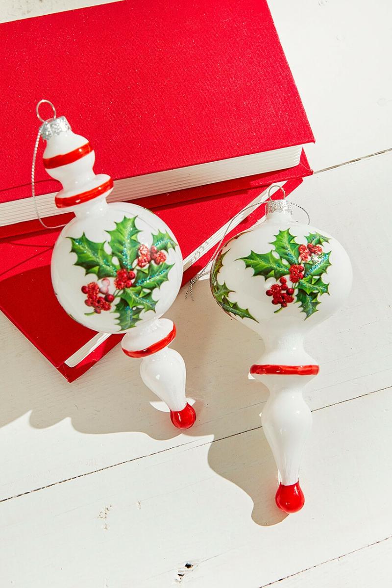 Ornaments | 8" White/Green/Red Milk Glass Holly Jewel Finial Ornament Ornaments Ornaments