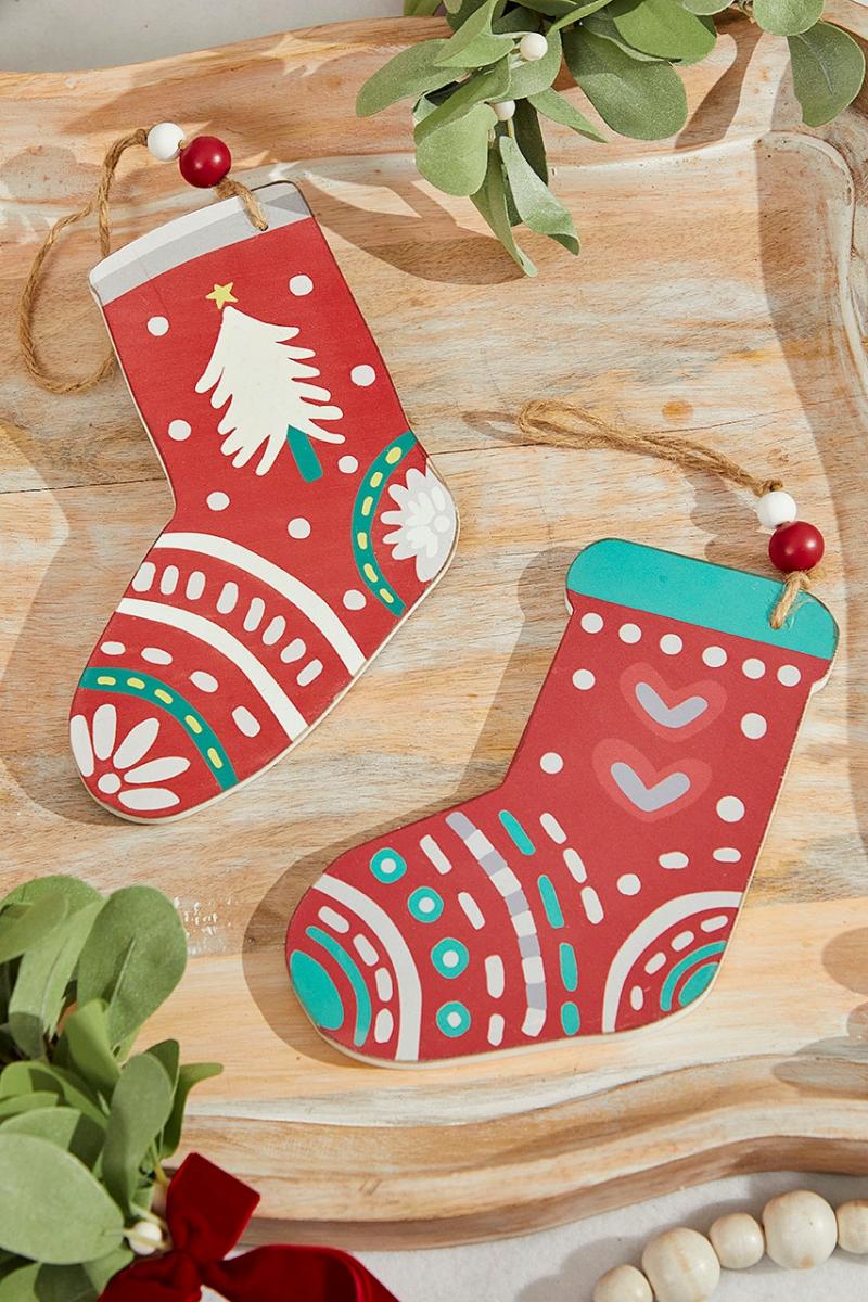 Ornaments | 8" X 6" Nordic Pattern Wood Stocking Ornament Ornaments Ornaments