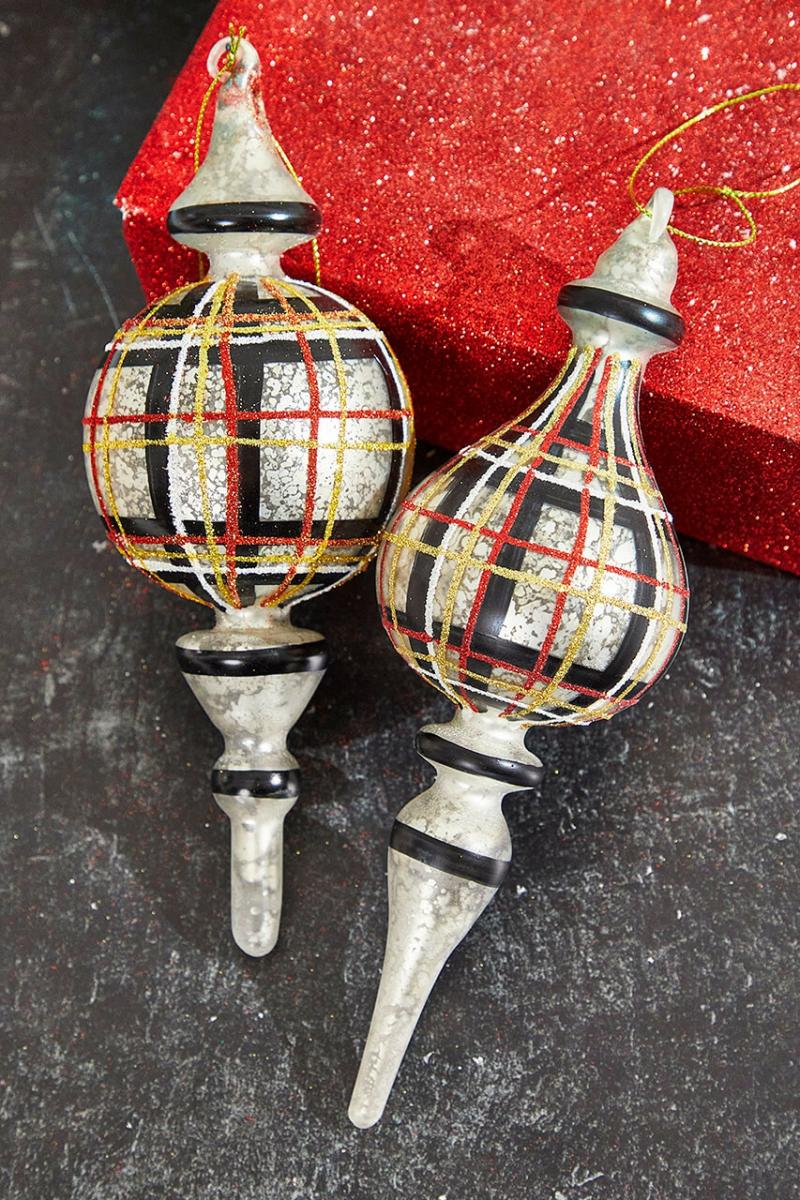 Ornaments | 9" Holiday Plaid Finial Glass Ornament Ornaments Ornaments