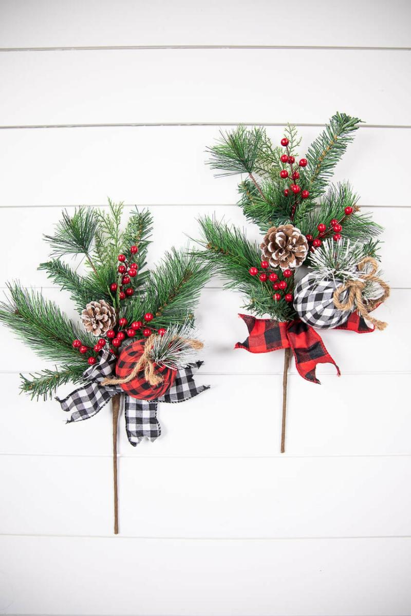 Picks & Sprays | 18" Holiday Pine Pick With Buffalo Check Ornament & Berries Picks & Sprays Picks & Sprays