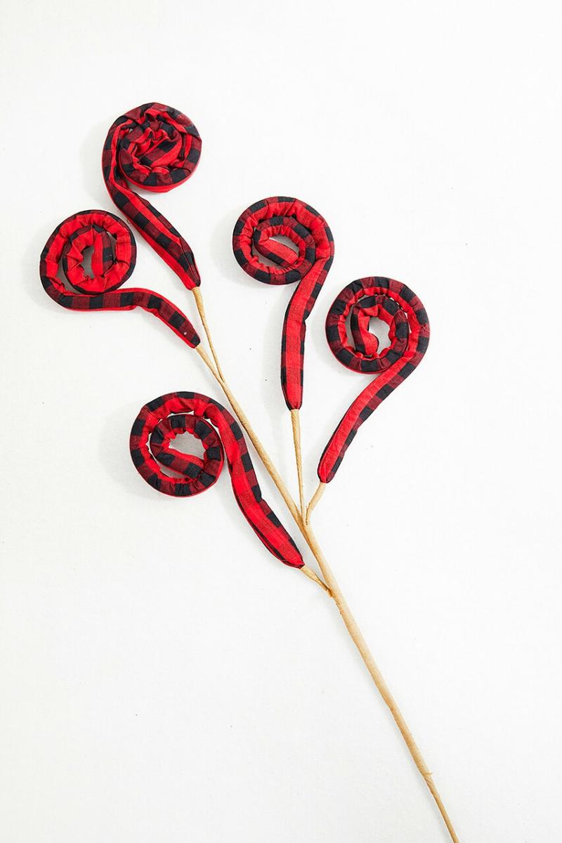 Picks & Sprays | 30" Red And Black Fabric Plaid Spiral Curly Spray Picks & Sprays Picks & Sprays