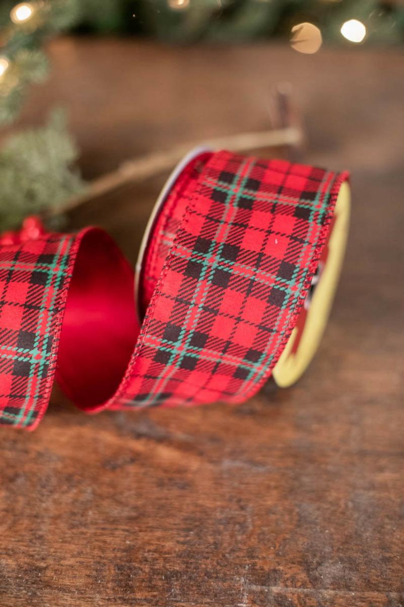 Ribbon | 2.5" X 10 Yard Green On Red/Black Plaid Ribbon Ribbon Ribbon