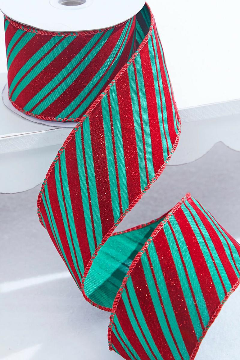 Ribbon | 2.5" X 10 Yard Green With Red Glitter Diagonal Stripe Wired Ribbon Ribbon Ribbon