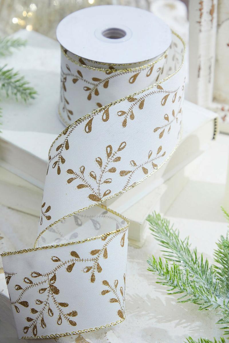 Ribbon | 2.5" X 10 Yard Ivory & Gold Vine Wired Ribbon Ribbon Ribbon