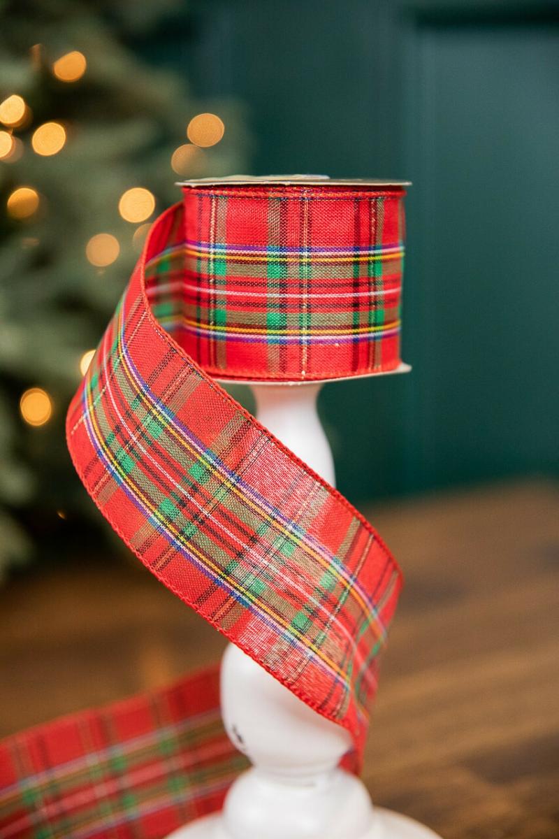 Ribbon | 2.5" X 10 Yard Red Gold With Blue Plaid Ribbon Ribbon Ribbon