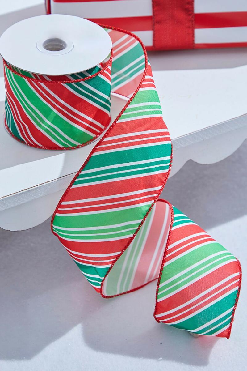 Ribbon | 2.5" X 10 Yard Red/Green Diagonal Stripe Wired Ribbon Ribbon Ribbon