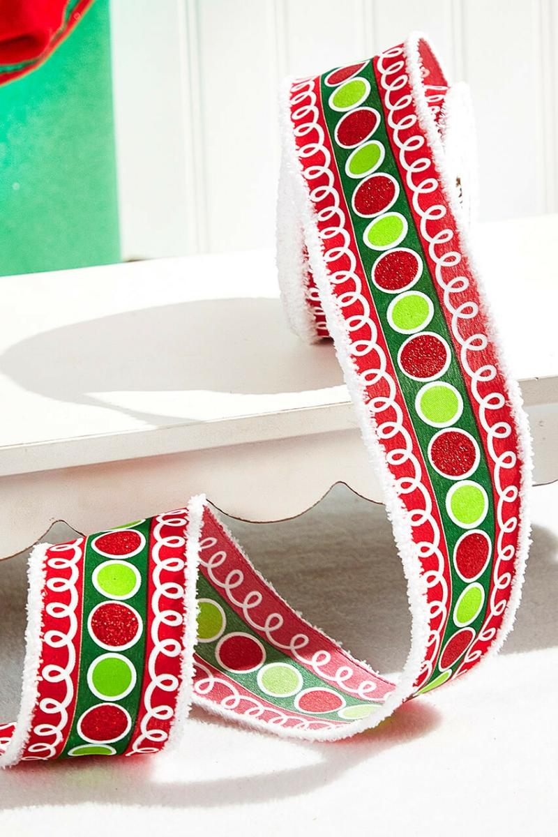 Ribbon | 2.5" X 10 Yard Stripe Glitter Circle Drift Ribbon — Red/Green Ribbon Ribbon