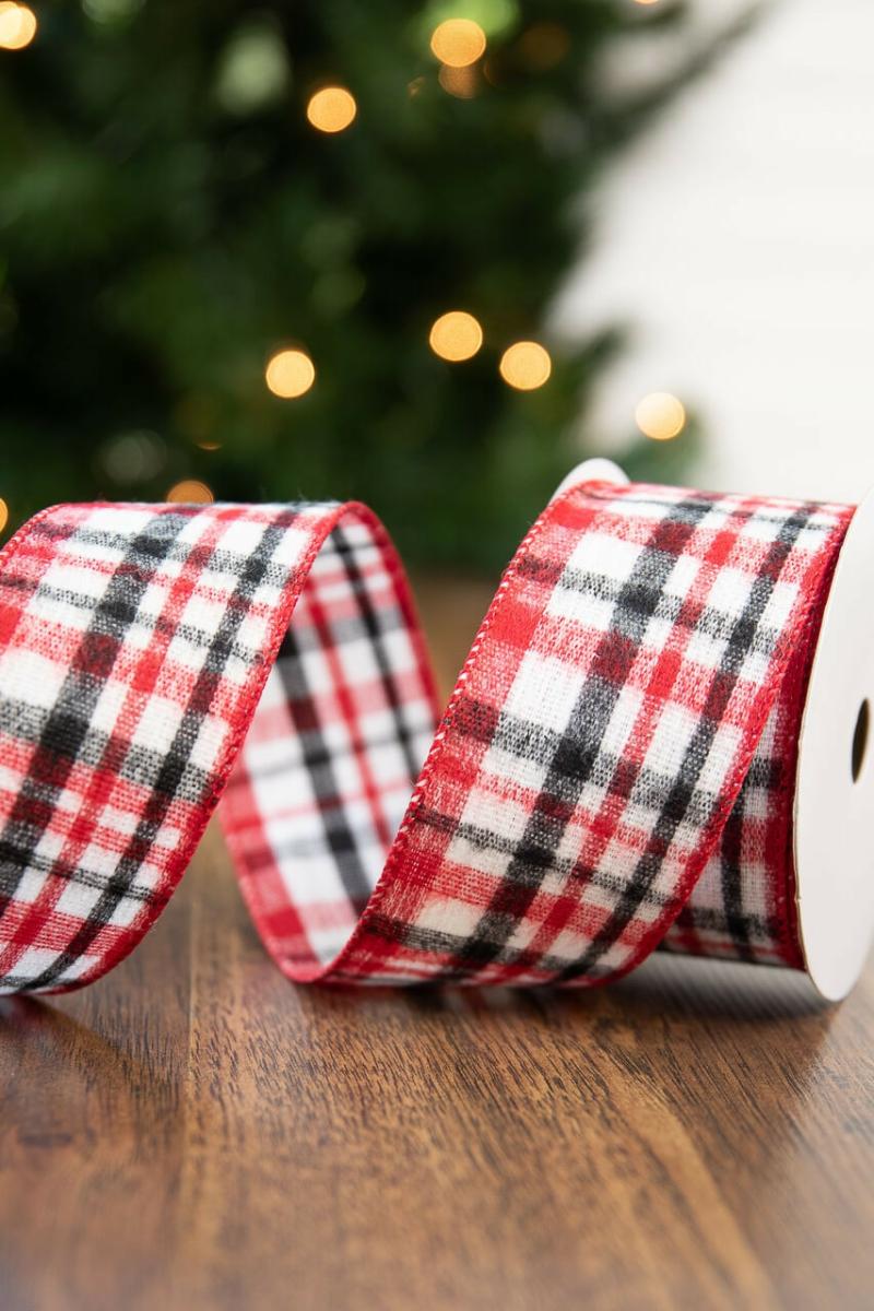 Ribbon | 2.5" X 10 Yard White/Red/Black Plaid Ribbon Ribbon