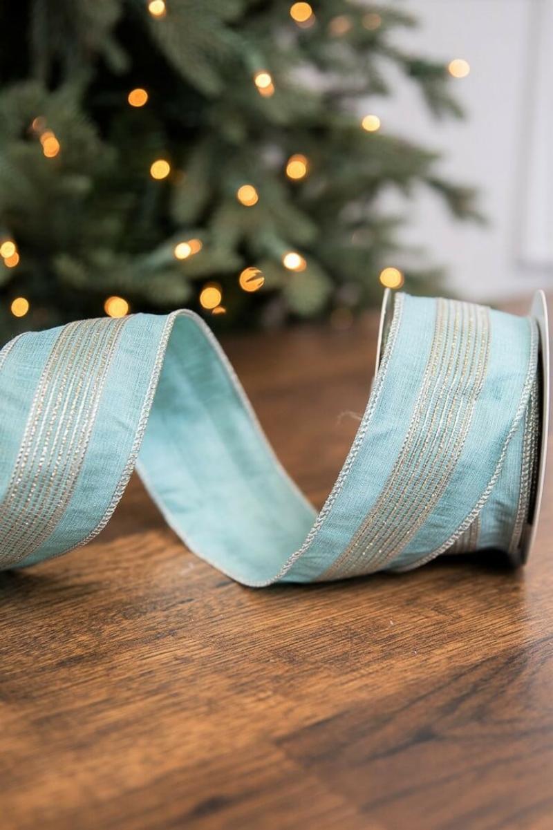 Ribbon | 2.5" X 5 Yard Aqua With Gold Stripe Trim Dupioni Ribbon Ribbon Ribbon