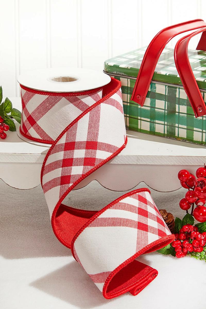 Ribbon | 2.5" X 5 Yard Red/White Plaid Tafetta Back Ribbon Ribbon Ribbon