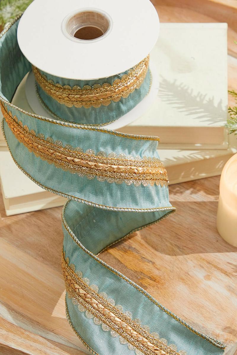 Ribbon | 2.5" X 5 Yard Scalloped Braid Dupion Ribbon – Aqua/Gold Ribbon Ribbon