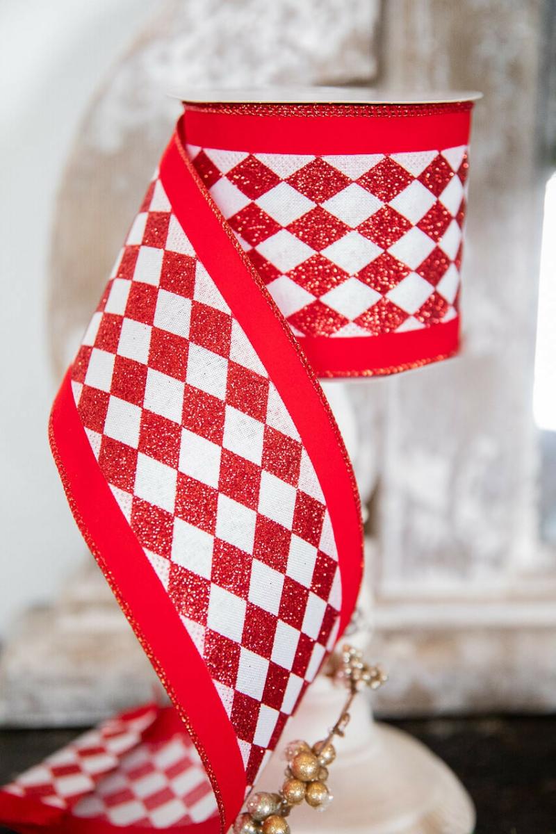 Ribbon | 4" X 10 Yard Diamond Check Velvet Edge Wired Ribbon – Red Ribbon Ribbon