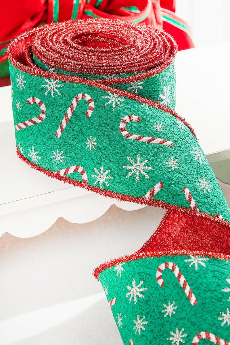 Ribbon | 4" X 10 Yard Green/Red Candy Cane Jacquard Ribbon Ribbon Ribbon