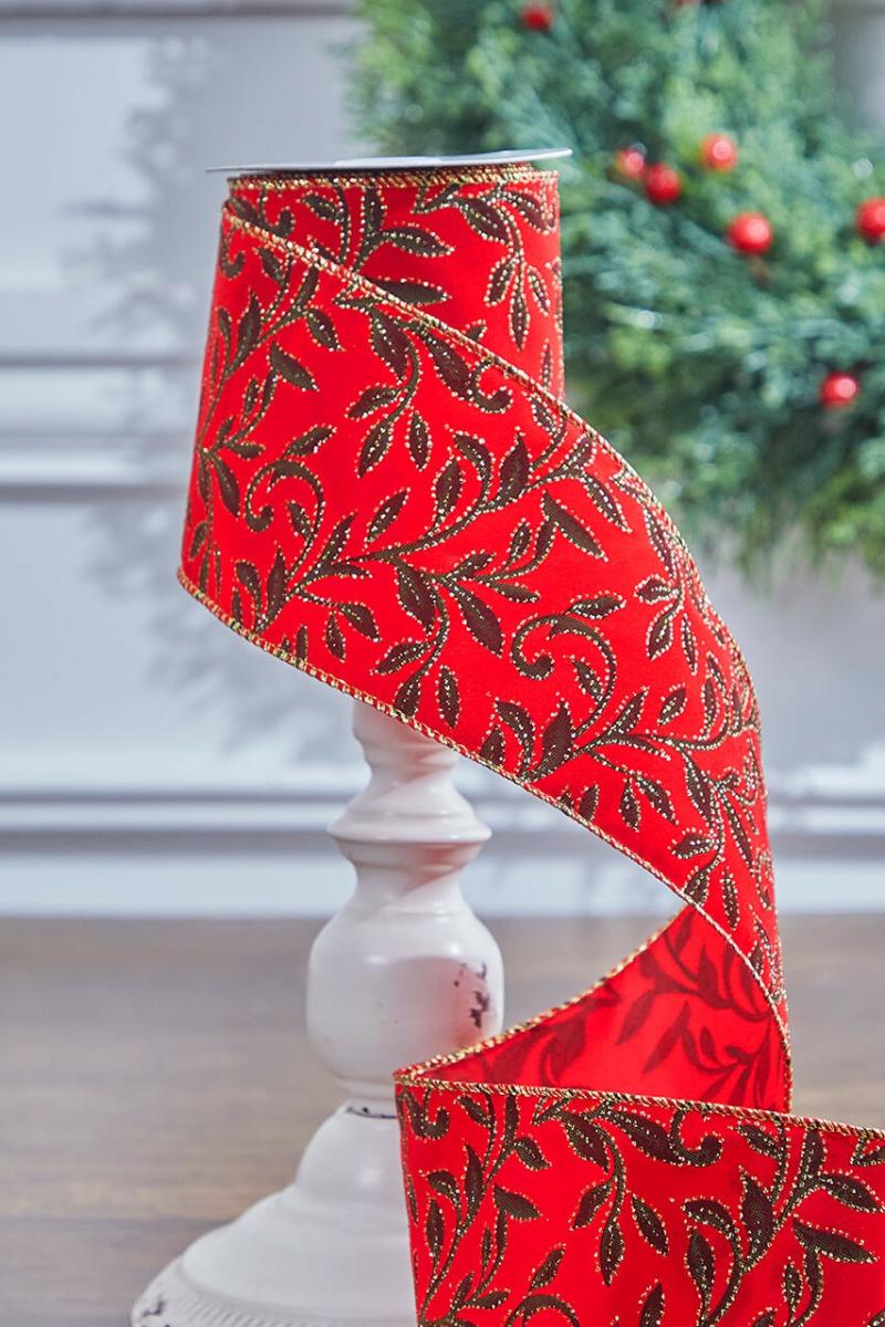 Ribbon | 4" X 10 Yard Red Velvet With Vine Wired Ribbon Ribbon Ribbon