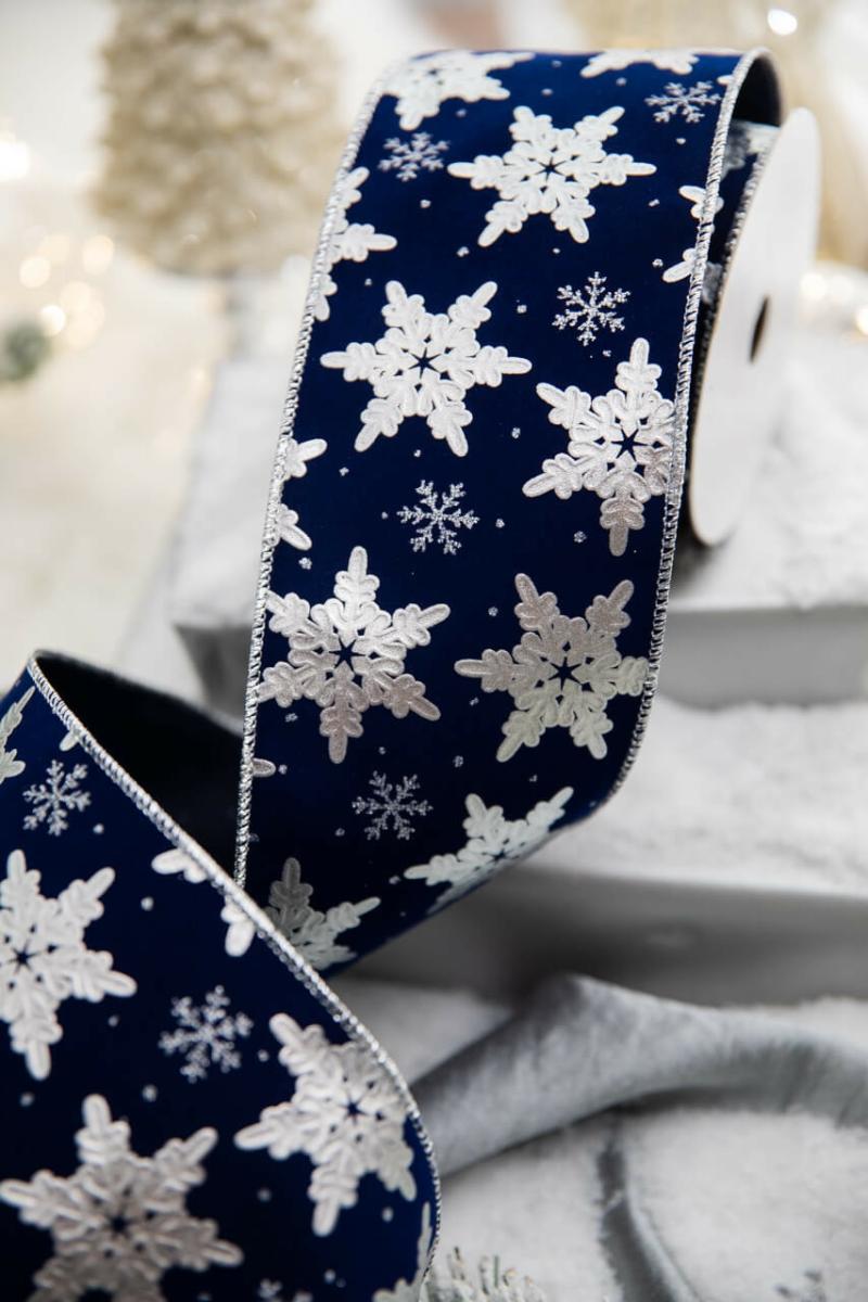 Ribbon | 4" X 10 Yard Snowflake On Blue Velvet Ribbon Ribbon Ribbon