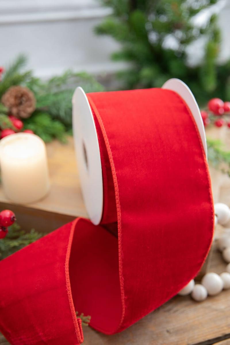 Ribbon | 4" X 5 Yard Deluxe Velvet Sheer Back Ribbon – Red Ribbon Ribbon