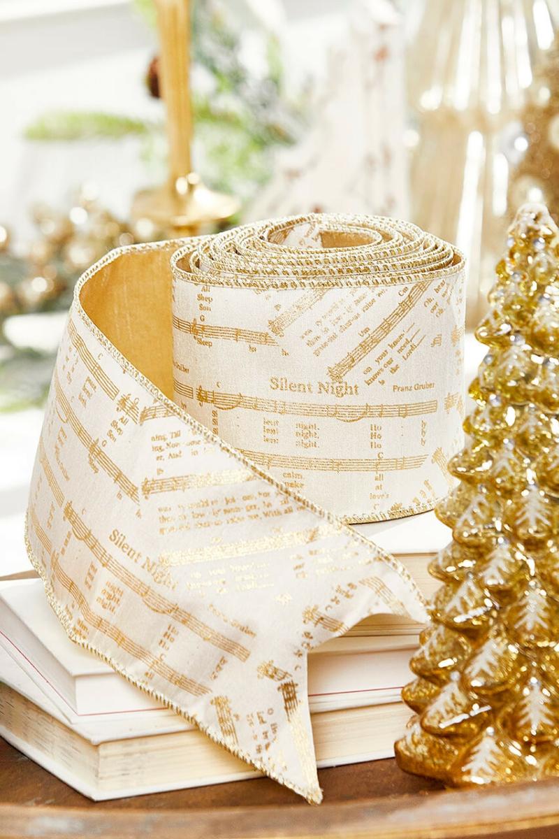 Ribbon | 4" X 5 Yard Gold Foil Holy Night Music Ribbon Ribbon Ribbon