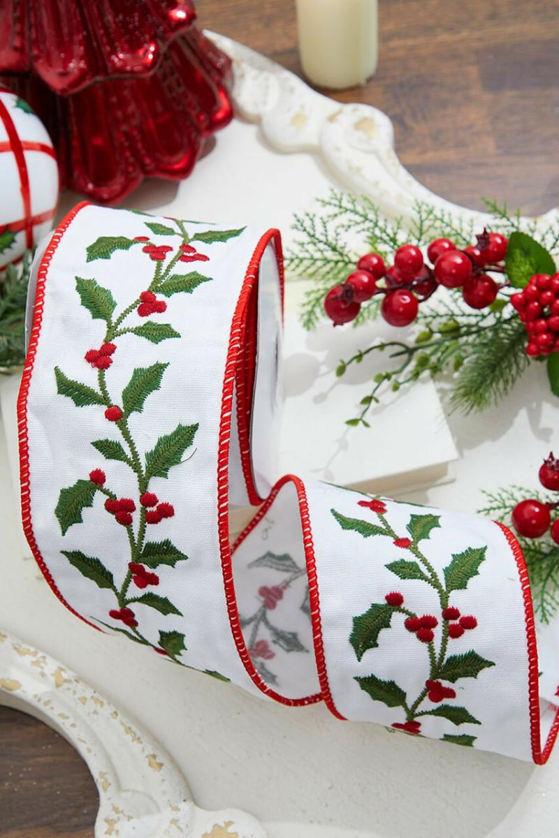 Ribbon | 4" X 5 Yard Holly Berry & Vine Embroidered Canvas Ribbon Ribbon Ribbon