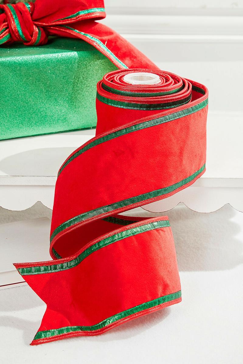 Ribbon | 4" X 5 Yard Red & Green Piping Velvet Metallic Dupion Ribbon Ribbon Ribbon