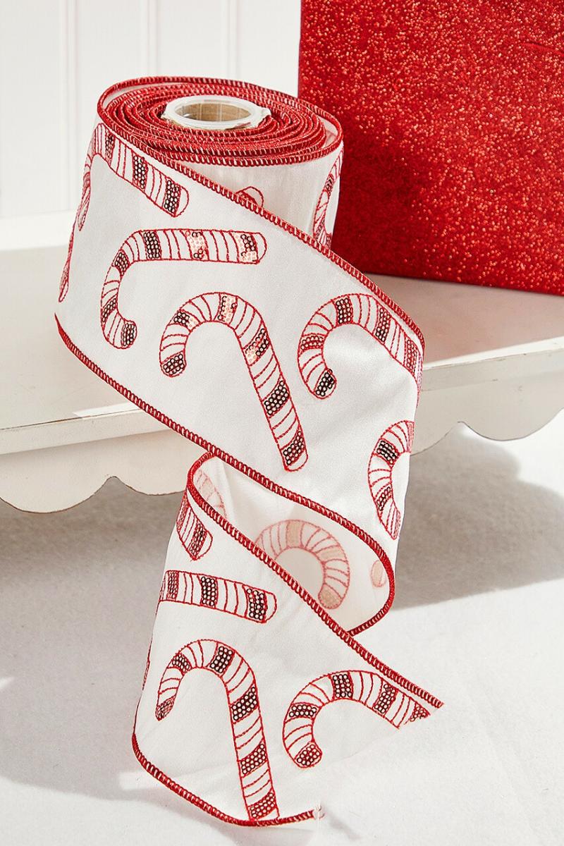 Ribbon | 4" X 5 Yard Red/White Sequin Embroidered Candy Cane Ribbon Ribbon Ribbon