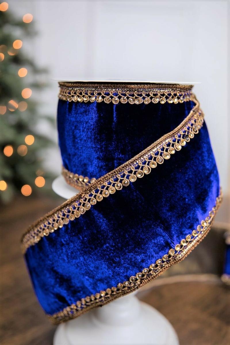 Ribbon | 4" X 5 Yard Royal Blue Jewel Trim Edge Velvet Ribbon Ribbon Ribbon