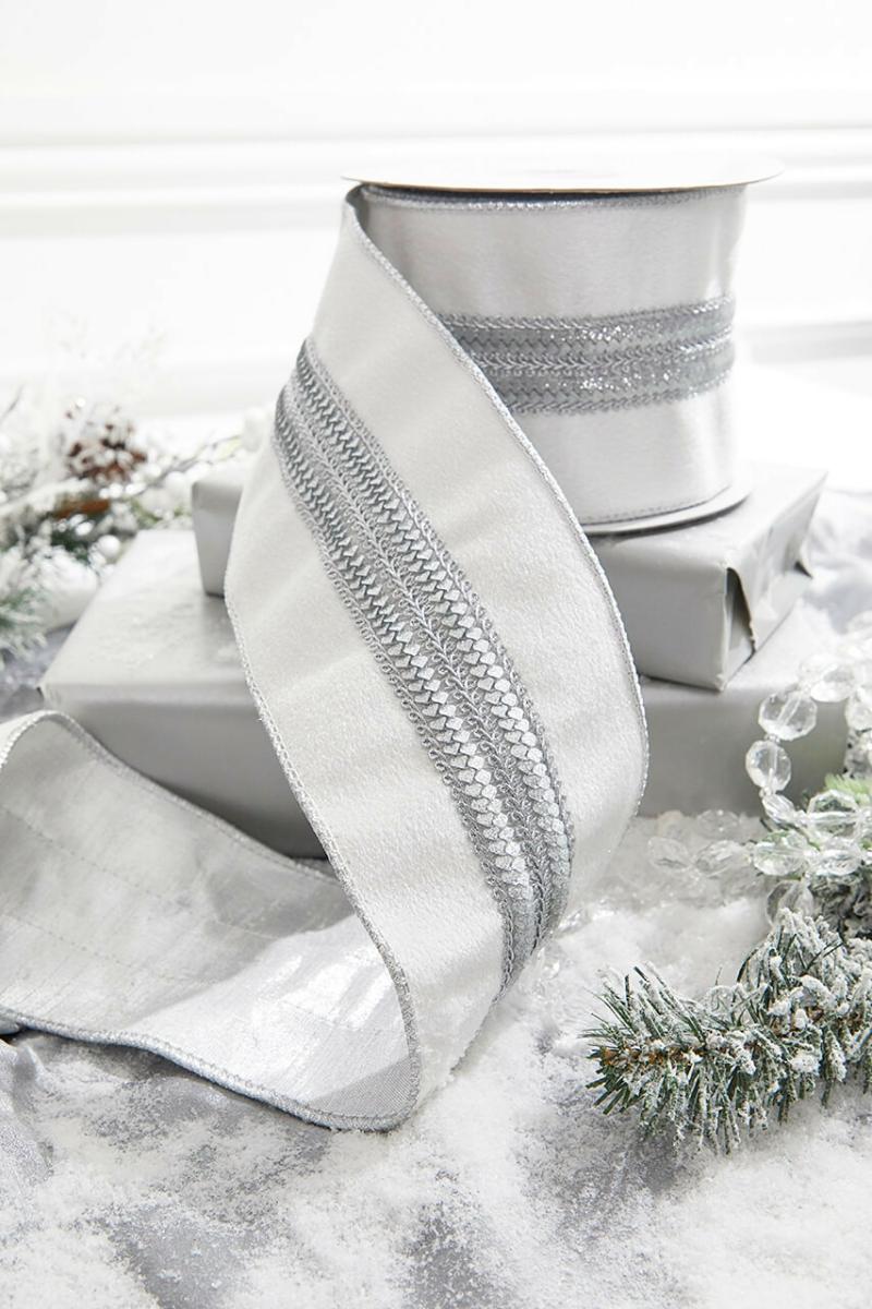 Ribbon | 4" X 5 Yard Silver Trim On White Velvet Ribbon Ribbon Ribbon