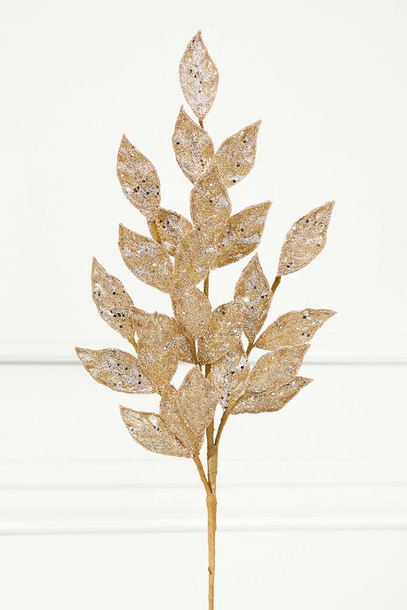 Picks & Sprays | 29" Micro Beaded/Sequins Bay Leaf Spray – Champagne/Gold Picks & Sprays Picks & Sprays