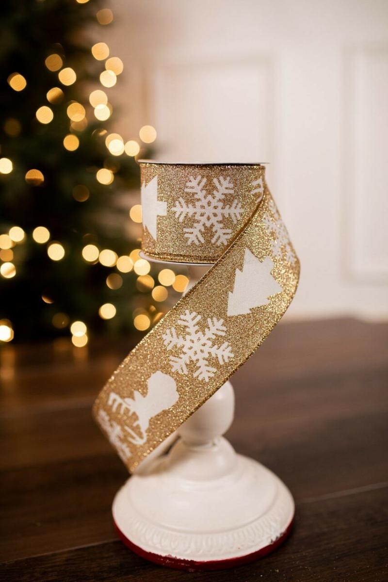 Ribbon | 2.5" X 10 Yard Gold Reindeer/Snowflake Christmas Ribbon Ribbon Ribbon