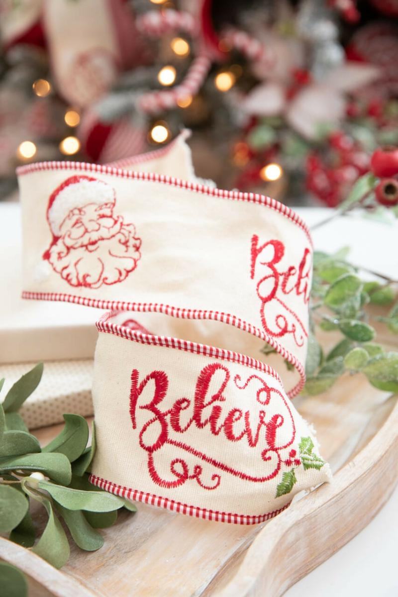 Ribbon | 4" X 5 Yard Embroidered Santa Face/Believe Ribbon Ribbon Ribbon