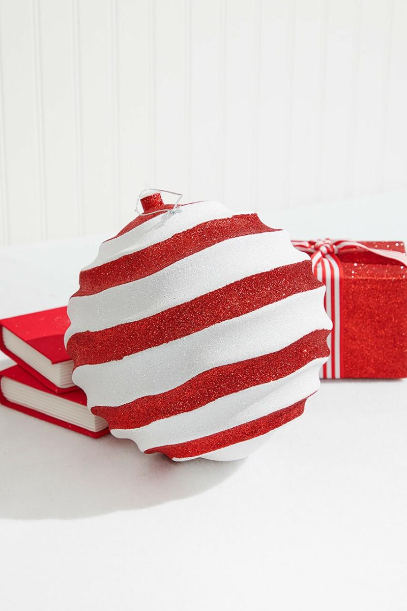 Ornaments | 10" Red White Ripple Glitter Ball Ornament Ornaments Ornaments