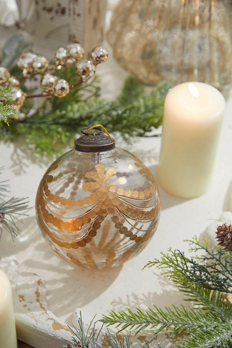 Ornaments | 4" Etched Golden Garland Glass Ornament Ornaments Ornaments