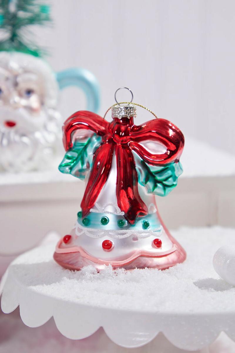 Ornaments | 5" Pink With Red Bow Glass Holiday Sweets Bell Ornament Ornaments Ornaments